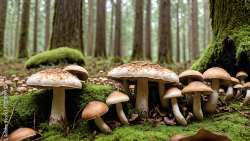 cluster of small mushrooms with brown caps