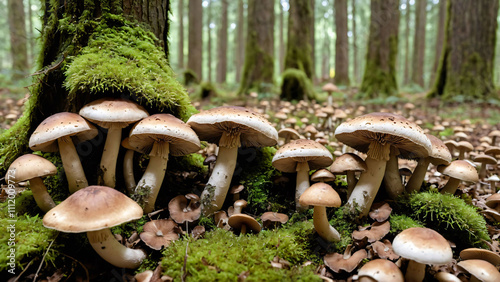 cluster of small mushrooms with brown caps