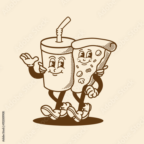 mascot food pizza and cola with retro style good for brand mascot, cafe mascot, restaurant mascot, poster, element design, etc