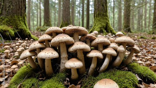 cluster of small mushrooms with brown caps