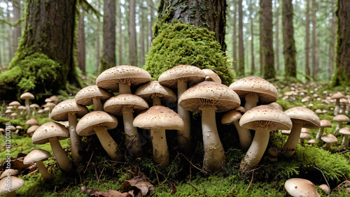 cluster of small mushrooms with brown caps