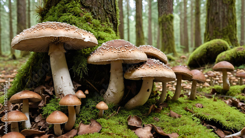 cluster of small mushrooms with brown caps