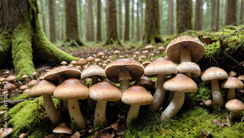 cluster of small mushrooms with brown caps