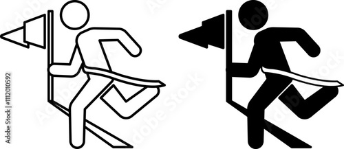 Finish Line Icons. Black and White Vector Illustration. Athlete Crossing Finish Line. Running Man. Victory, Success, Achievement. Sports Concept