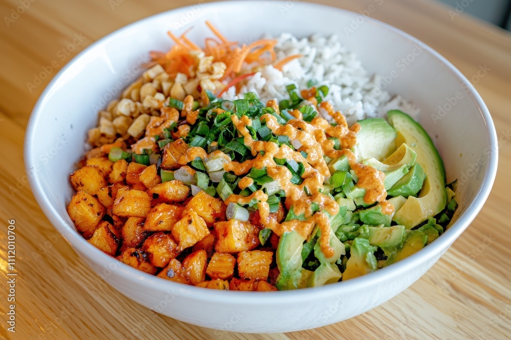 Delicious Colorful Bowl with Rice, Vegetables, and Dressing Delicious Colorful Bowl with Rice, Vegetables, and Dressing