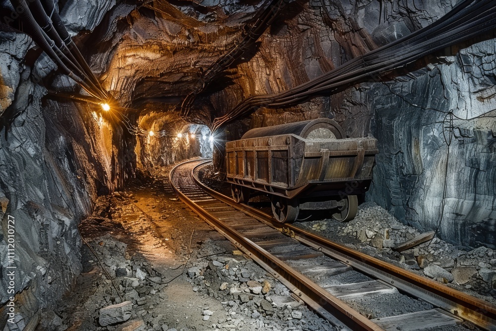 Naklejka premium A mining cart filled with materials is stationed on a rail track inside a dimly lit tunnel, with cables lining the rugged walls, depicting an underground work setting.