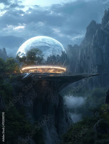 Futuristic Transparent Dome on a Rocky Platform - A stunning futuristic dome sits atop a rocky platform, surrounded by majestic mountains, symbolizing innovation, nature, technology, harmony, and sust photo