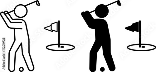 Golfer Icons. Black and White Vector Illustration. Athlete Trying to Putt the Ball in the Hole. Man with Club and Golf Ball. Sports Concept