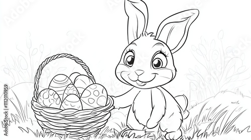 A cute cartoon bunny rabbit with a basket of Easter eggs.