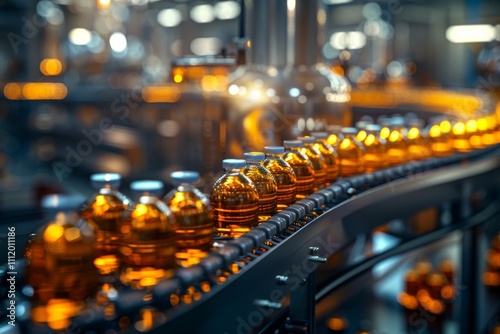 Multiple amber bottles are lined up in a modern bottling production line with a glowing background, highlighting industrial efficiency and innovation. photo