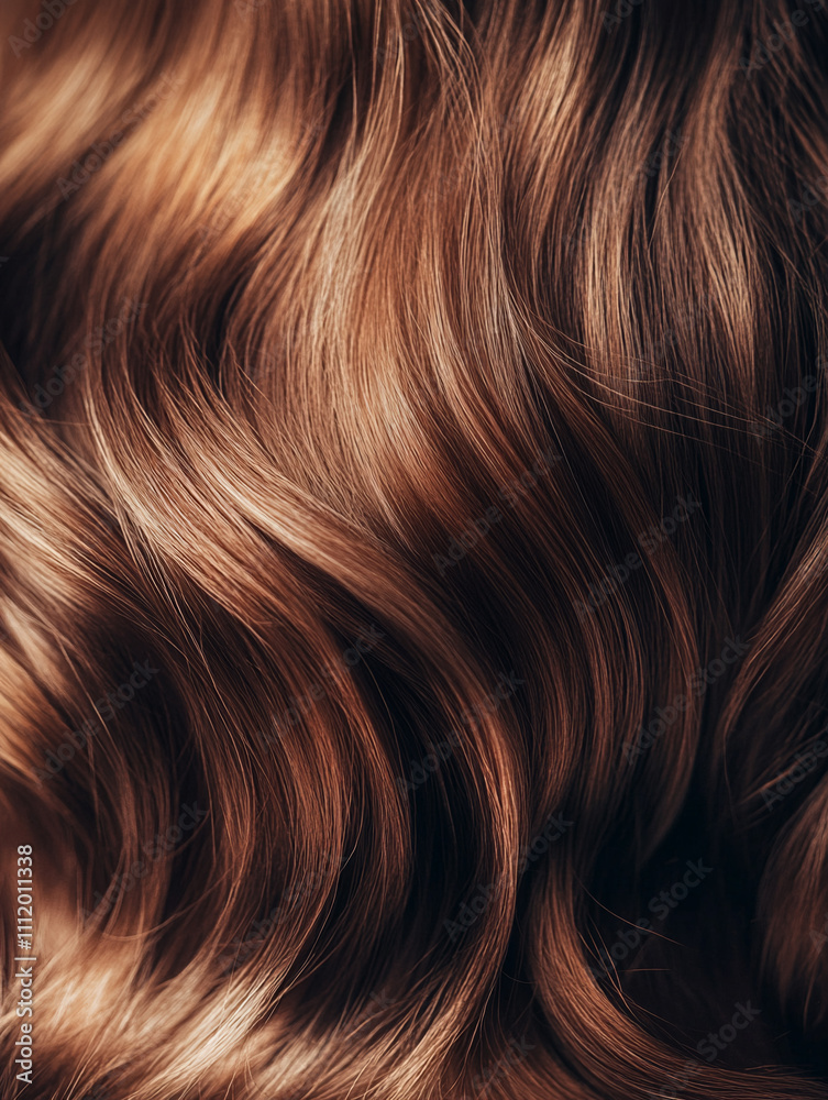 Close-up of brunette hair highlighting texture and shine, texture wallpaper for cosmetics advertising Close-up of brunette hair highlighting texture and shine, texture wallpaper for cosmetics advertising