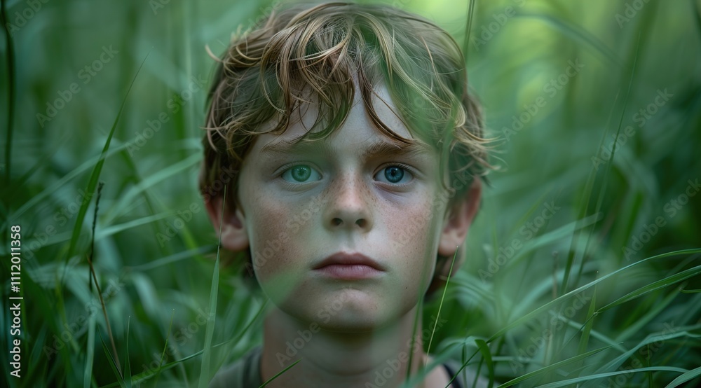 portrait of a young boy stands in the green tall grass looking to camera portrait of a young boy stands in the green tall grass looking to camera
