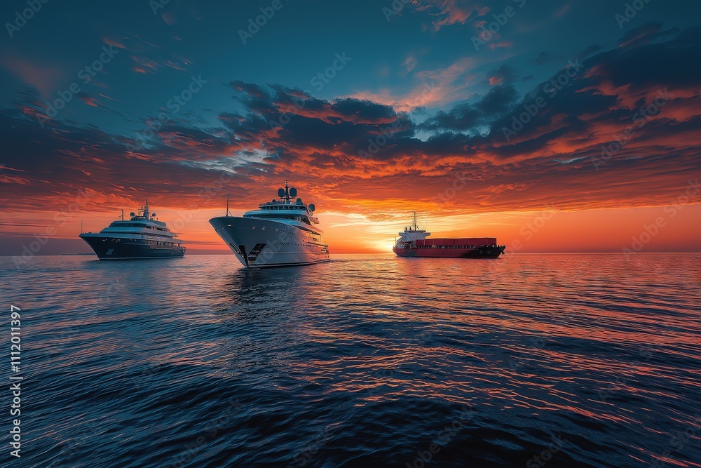 Stunning Sunset Over Majestic Yachts and Ships Stunning Sunset Over Majestic Yachts and Ships