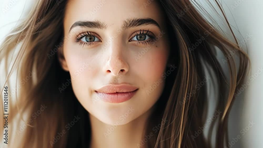 A close-up portrait of a young woman with expressive eyes and soft hair, exuding natural beauty and confidence.