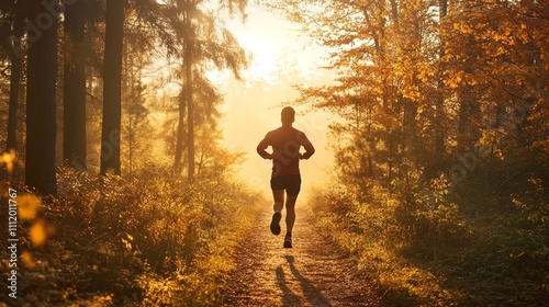 A lone runner silhouetted against the sun, running along a path in a forest.