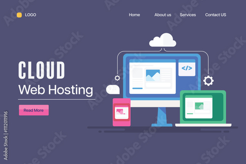 Concept of website hosted on cloud server, display content on various digital screen, cloud web hosting technology.
