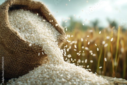 A sack of rice is spilling out of a bag