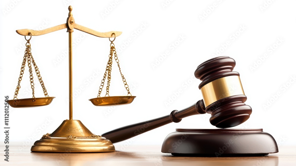 Golden Scales of Justice with Judge Gavel on Wooden Table Golden Scales of Justice with Judge Gavel on Wooden Table