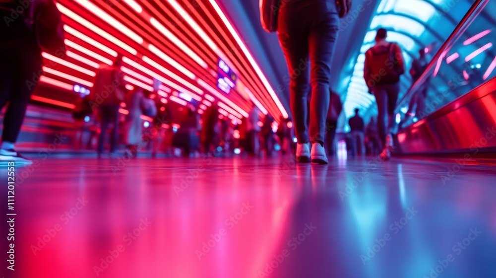 Vibrant city scene with people walking under neon lights in red and blue hues.