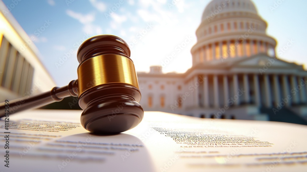 Fototapeta premium Judicial Gavel on Legal Document with Government Building Background