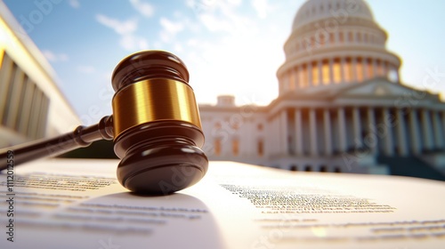 Judicial Gavel on Legal Document with Government Building Background