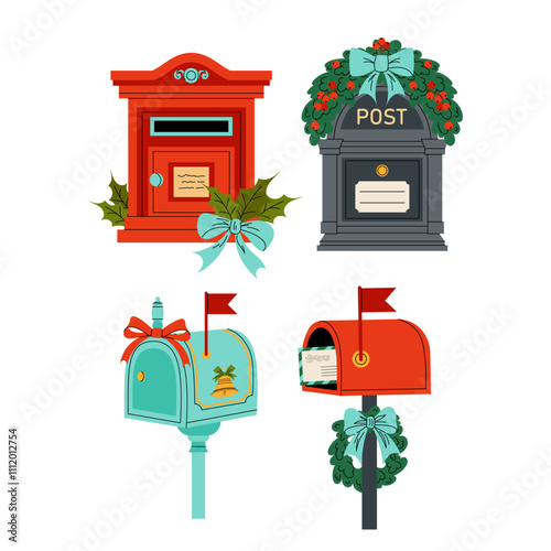 Different boxes for letters. Set vector illustrations letterbox. Christmas decor for cards, backgrounds, invitations, letters.