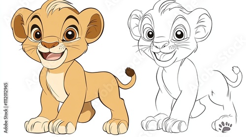 A cute cartoon lion cub, with a coloring page version.