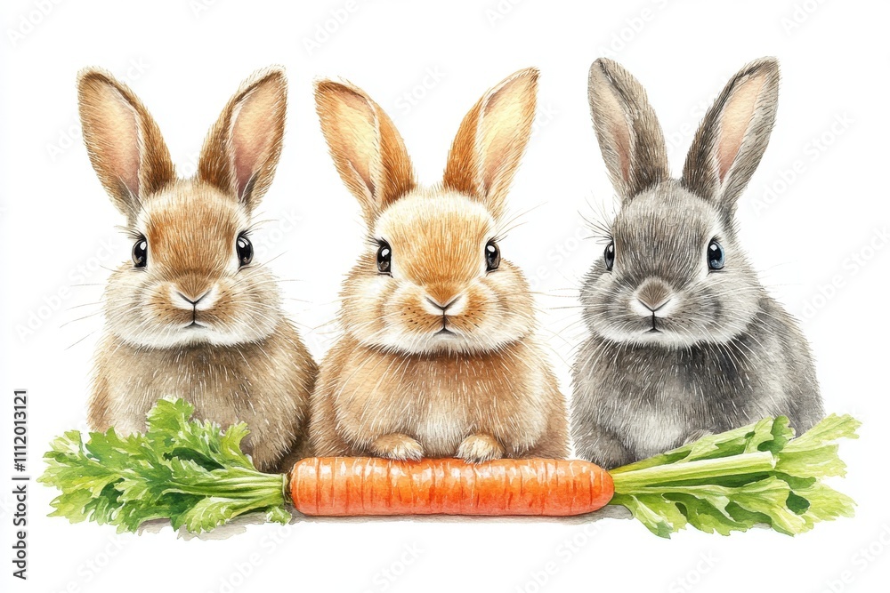 Obraz premium Three adorable rabbits sitting with a carrot and celery, highlighting their playful nature.