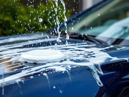 Car Wash Detailing: Soap Suds Cascading onto a Dark Blue Vehicle AI Generated photo