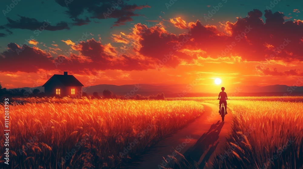 Fototapeta premium Serene sunset over golden wheat field with a cyclist on a lone path