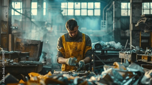 A dynamic shot of an industrial worker sorting materials for recycling, showcasing the hands-on efforts in reducing waste by reusing and repurposing industrial by-products