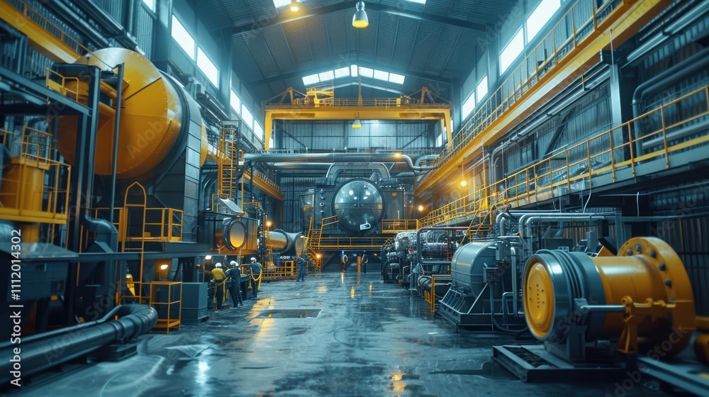 Dynamic image of engineers working in a waste-to-electric plant, inspecting machinery that converts industrial waste into electricity. Dynamic image of engineers working in a waste-to-electric plant, inspecting machinery that converts industrial waste into electricity.