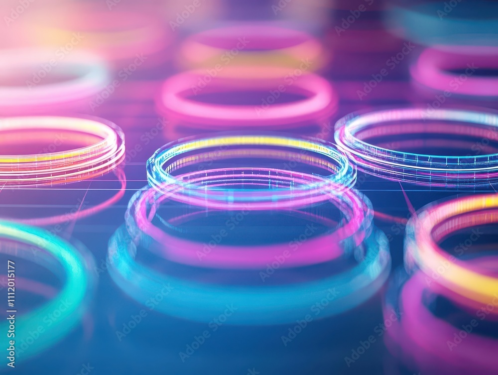 Spinning disks of vibrant color intersecting with translucent overlays, abstract and strategic, glowing neon edges