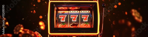 Lucky triple sevens on slot machine in casino with fiery sparks