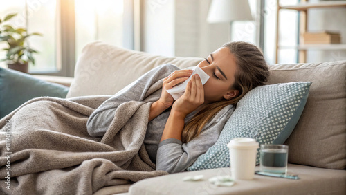 Sick Woman Resting on Sofa with Tissue  
