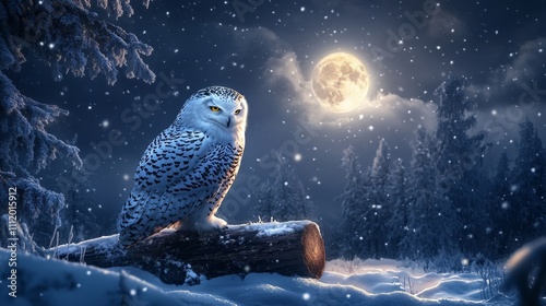 Majestic Snowy Owl Perched on a Log Under a Full Moon - A stunning snowy owl rests gracefully on a log amid a snowy landscape, illuminated by a full moon, capturing the essence of winter beauty. photo