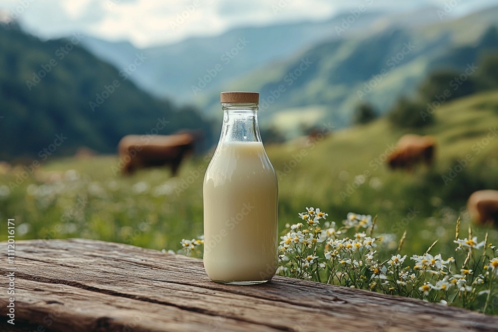 Glass bottle with fresh milk on a wooden table in a blurred landscape of a meadow and mountains. Sustainable and ecological production of food and milk. Livestock and dairy farm Glass bottle with fresh milk on a wooden table in a blurred landscape of a meadow and mountains. Sustainable and ecological production of food and milk. Livestock and dairy farm