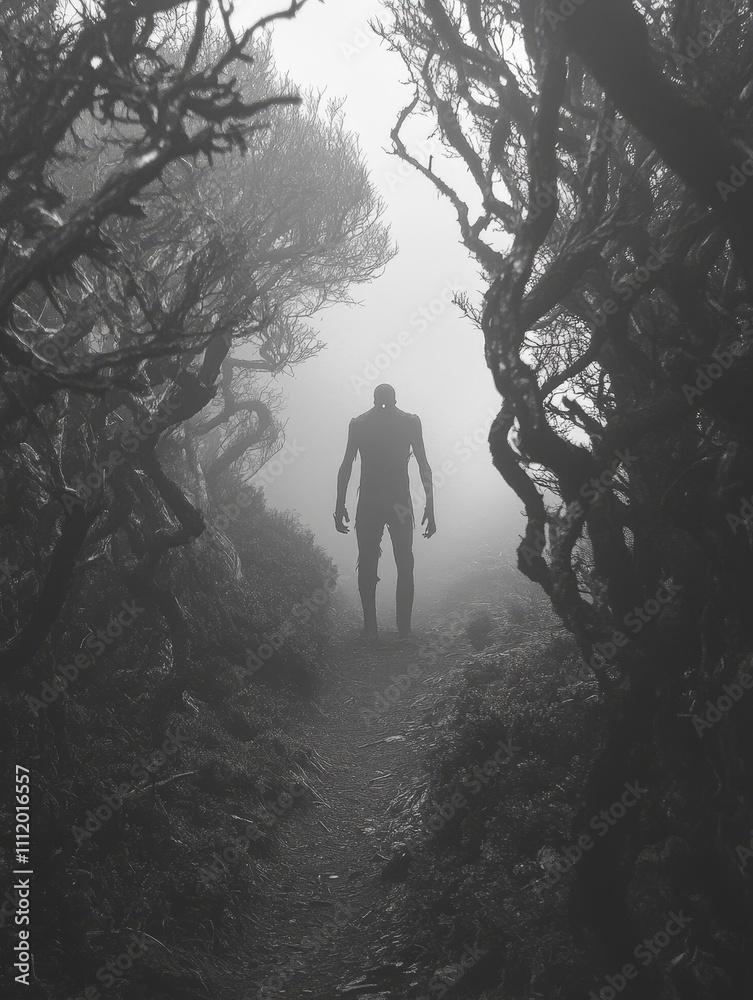 Menacing Figure in a Foggy Forest Path - A menacing figure stands shrouded in fog along a dark forest path, evoking themes of fear, mystery, isolation, and nature's eerie beauty. Menacing Figure in a Foggy Forest Path - A menacing figure stands shrouded in fog along a dark forest path, evoking themes of fear, mystery, isolation, and nature's eerie beauty.