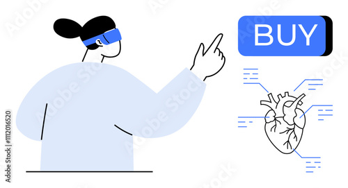 Person wearing VR headset points at BUY button with visible heart diagram. Ideal for tech, medical education, virtual reality, e-commerce, online shopping, healthcare, futuristic technology concepts
