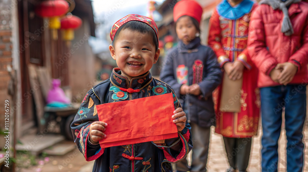 Joyful child celebrating lunar new year with red envelope and traditional attire. Lunar New Year Joyful child celebrating lunar new year with red envelope and traditional attire. Lunar New Year