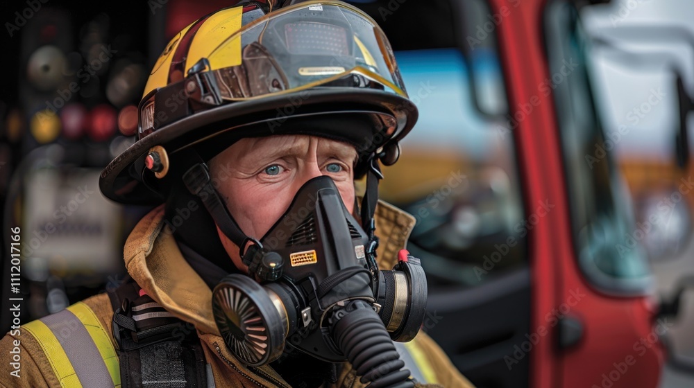A firefighter adjusting their helmet and oxygen mask while standing next to a fire engine, preparing to respond to an emergency call, showcasing readiness and professionalism. A firefighter adjusting their helmet and oxygen mask while standing next to a fire engine, preparing to respond to an emergency call, showcasing readiness and professionalism.
