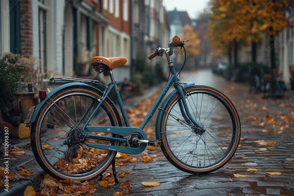 Teal Bicycle Parked On Autumnal Street Teal Bicycle Parked On Autumnal Street