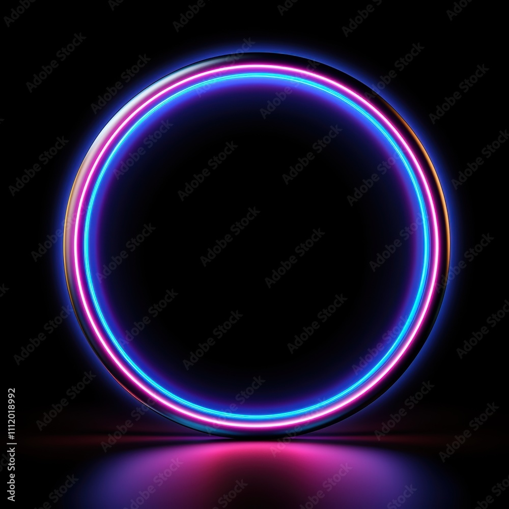A vibrant circular neon light display with blue and pink glowing edges against a dark background. A vibrant circular neon light display with blue and pink glowing edges against a dark background.