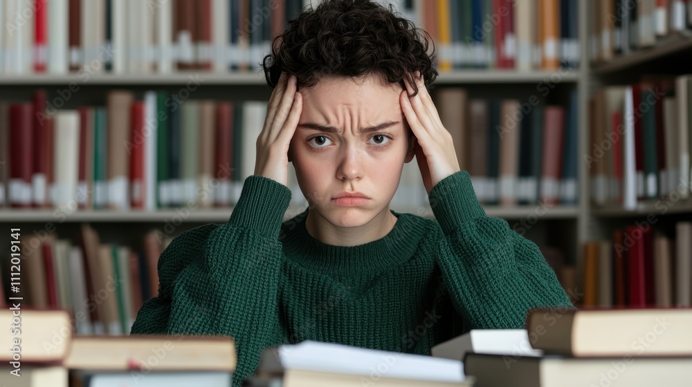 Worry anxiety and overthinking, A stressed individual in a library struggles with studying, surrounded by books, conveying feelings of frustration and overwhelm. Worry anxiety and overthinking, A stressed individual in a library struggles with studying, surrounded by books, conveying feelings of frustration and overwhelm.
