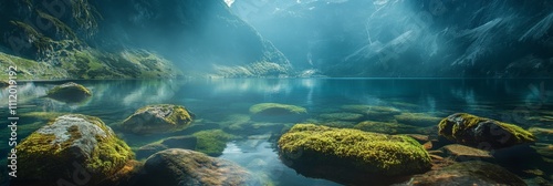 Tranquil Mountain Lake with Mossy Stones - A serene mountain lake reflecting the majestic cliffs and textured stones covered in soft moss, symbolizing tranquility, nature, beauty, peace, and reflectio photo