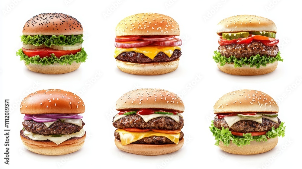 A striking visual of six different burger styles showcasing fresh ingredients; perfect for food photography and culinary projects. A striking visual of six different burger styles showcasing fresh ingredients; perfect for food photography and culinary projects.