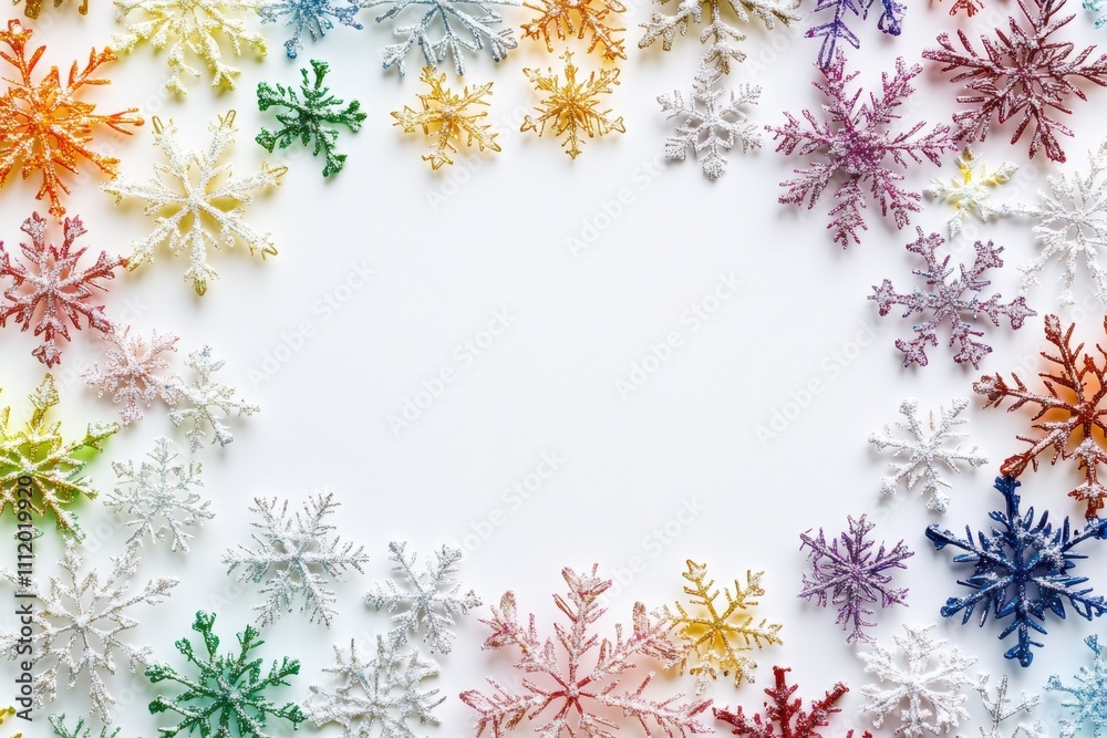 Intricate snowflakes in various rainbow colors surround a blank area, offering a vibrant backdrop that invites personalization or annotations. Generative AI Intricate snowflakes in various rainbow colors surround a blank area, offering a vibrant backdrop that invites personalization or annotations. Generative AI