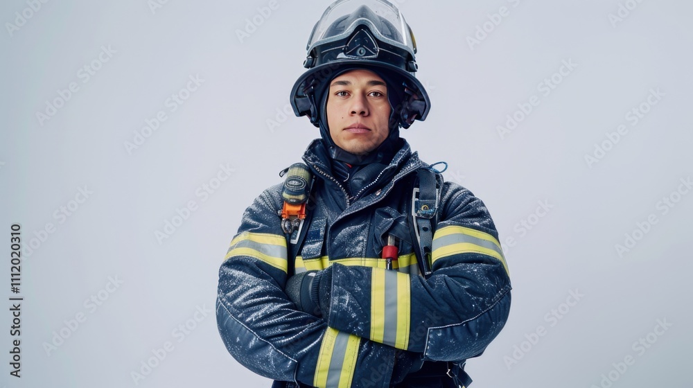 A firefighter standing with arms crossed, dressed in full gear including boots, gloves, and helmet, posed on a white background for a strong and professional look. A firefighter standing with arms crossed, dressed in full gear including boots, gloves, and helmet, posed on a white background for a strong and professional look.