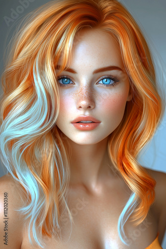 A woman with long, orange and blue hair and blue eyes. She has a very pretty face and is wearing a yellow shirt