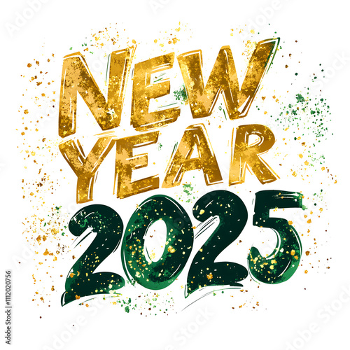 Happy New Year 2025! Celebrate the arrival of the new year with this festive design featuring gold and green watercolor lettering.